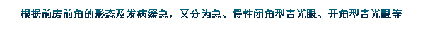 根據(jù)前房前角的形態(tài)及發(fā)病緩急，又分為急、慢性閉角型青光眼、開角型青光眼等。